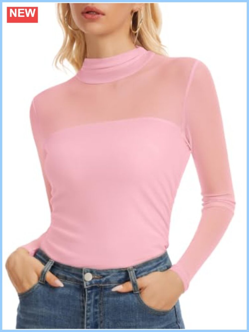 Sheer Mesh Long Sleeve Mock Neck Ruched Slim Fit Top
